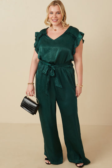 HY6583 GREEN Womens Ruffled Crushed Satin Wide Leg Jumpsuit Full Body